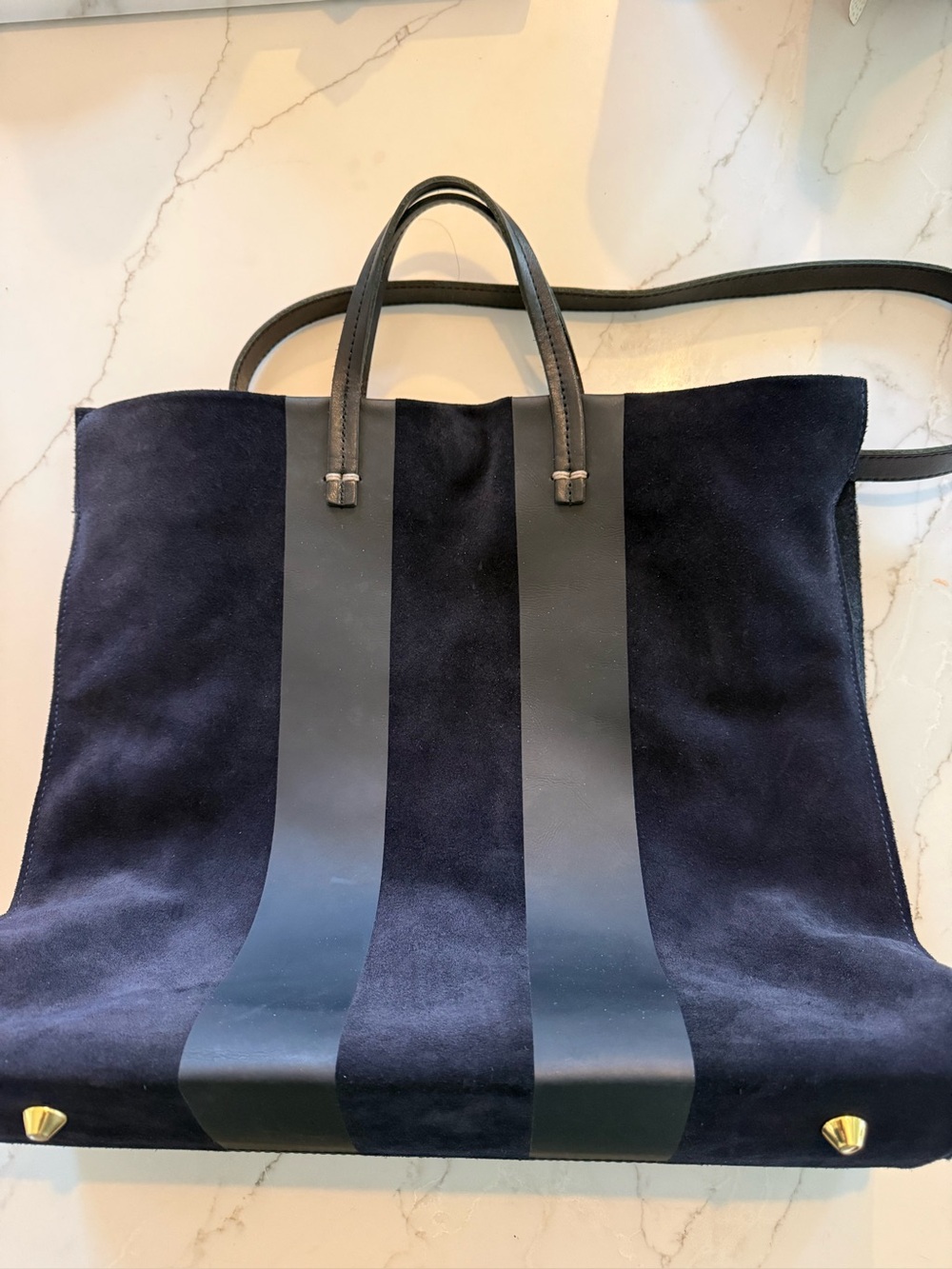 Clare V Simple Racing Stripe Navy Suede Tote Bag